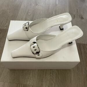 by far evelyn white lambskin leather sculpted kitten slip on heels mules size 38